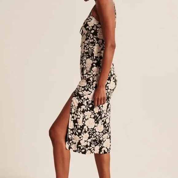 Abercrombie & Fitch Black Floral Cinch Front Midi Dress XS - Picture 4 of 10